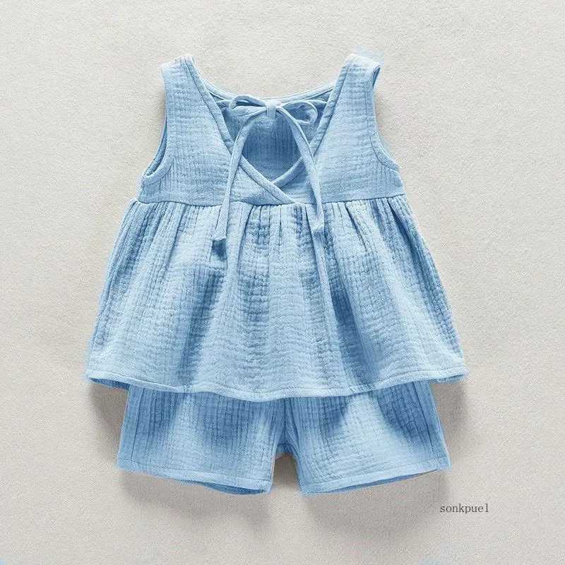 Baby Girls Outfits Clothes Summer Muslin Cotton Sleeveless Vest Dress Shorts Shirt Suits Fashion TopTrousers Sets 2pcs 0-4T M H260403