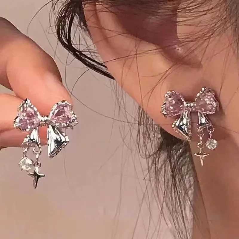 Y2K Bowknot Zircon Stud Earrings for Women Fashion Korean Silver Color Pink Crystal Personality Earring Girl Party Jewelry Gifts H260403