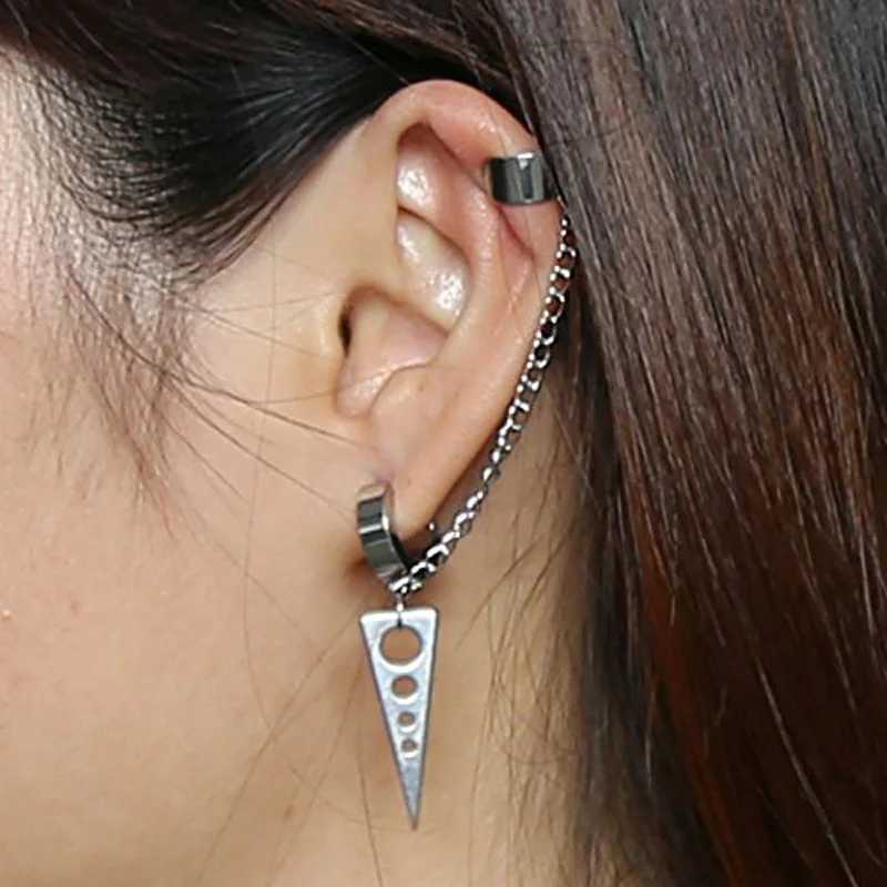 2pcs Unisex Stainless Steel Punk Men Clip on Earrings Geometry Triangle Chain Pendant Dangle Hoop Earrings Women Gothic Jewelry H260403