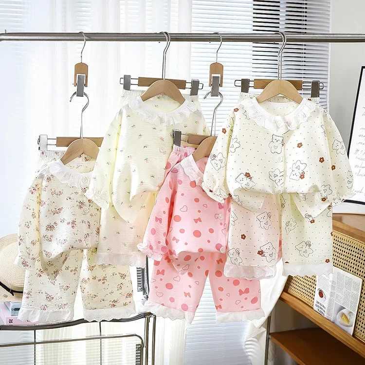 Girls Kids Home Clothes Set New Loose Thin Baby Pajamas Fashion Lace Floral Princess Children Air Conditioner Long SleevePants H260403