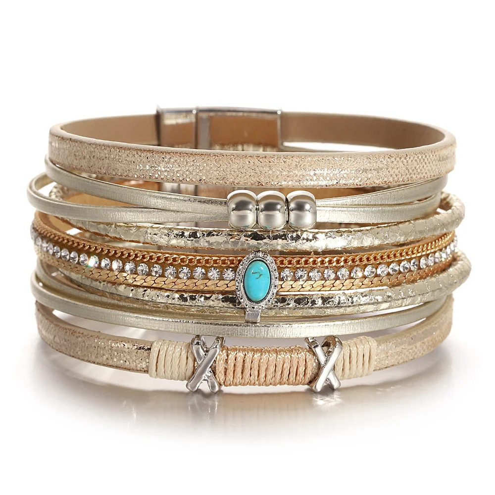 ALLYES Fashion Beads Cross Leather Bracelet for Women Men Chunky Rhinestone Chain Multilayer Wrap Wide Bracelets Party Jewelry 260318BJ