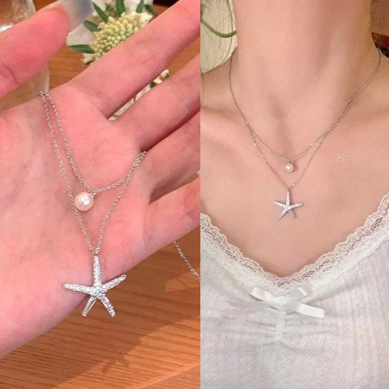 Fashion Silver Color Starfish Imitation Pearl Pendant Necklace for Women Simple Double Layered Clavicle Chain Necklace Jewelry H260403
