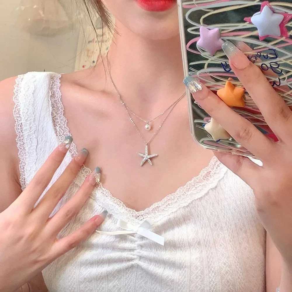 Fashion Silver Color Starfish Imitation Pearl Pendant Necklace for Women Simple Double Layered Clavicle Chain Necklace Jewelry H260403