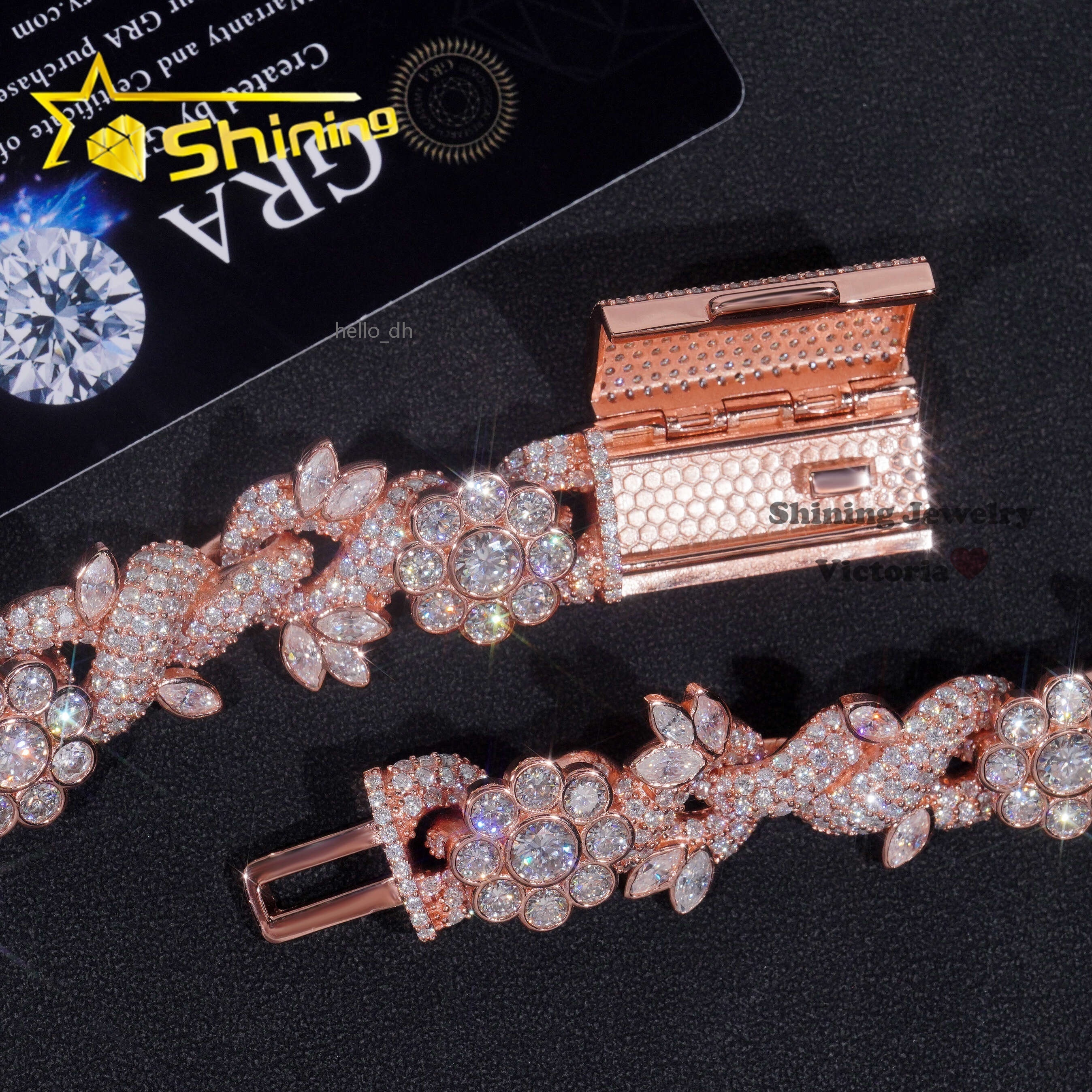 Hot Selling Hip Hop Necklace Fine Jewelry 18MM Fancy Cut Flower Design VVS Moissanite Rose Gold Cuban Link Chain
