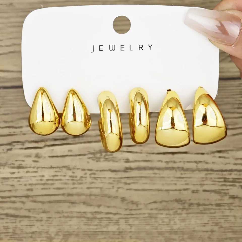 6pcs Chunky Gold Plated Waterdrop Hoop Earrings For Women Minimalist Smooth Thick Circle Drop Earring Lightweight Party Jewelry H260403