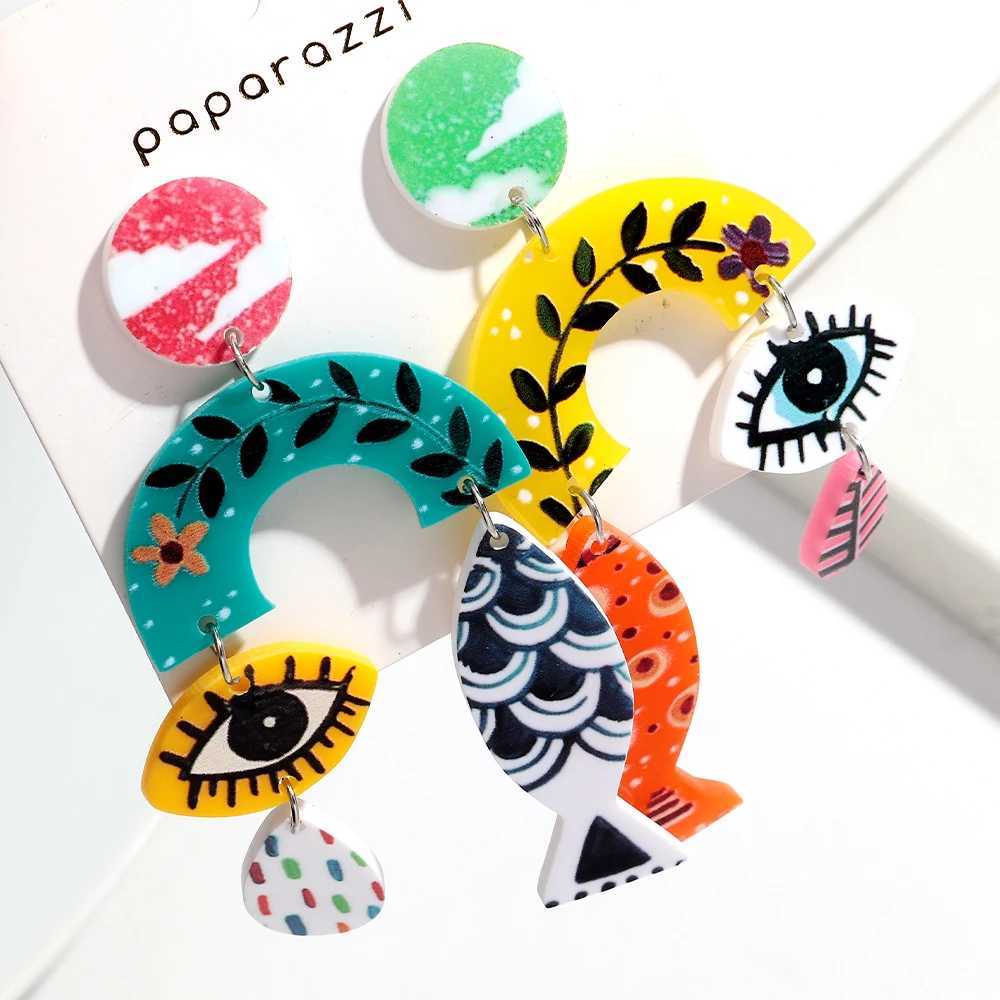 New Fish Eye Leaf Acrylic Print Long Earrings for Women Funny Colorful Irregular Geometric Hanging Earring Holiday Jewelry Gifts H260403