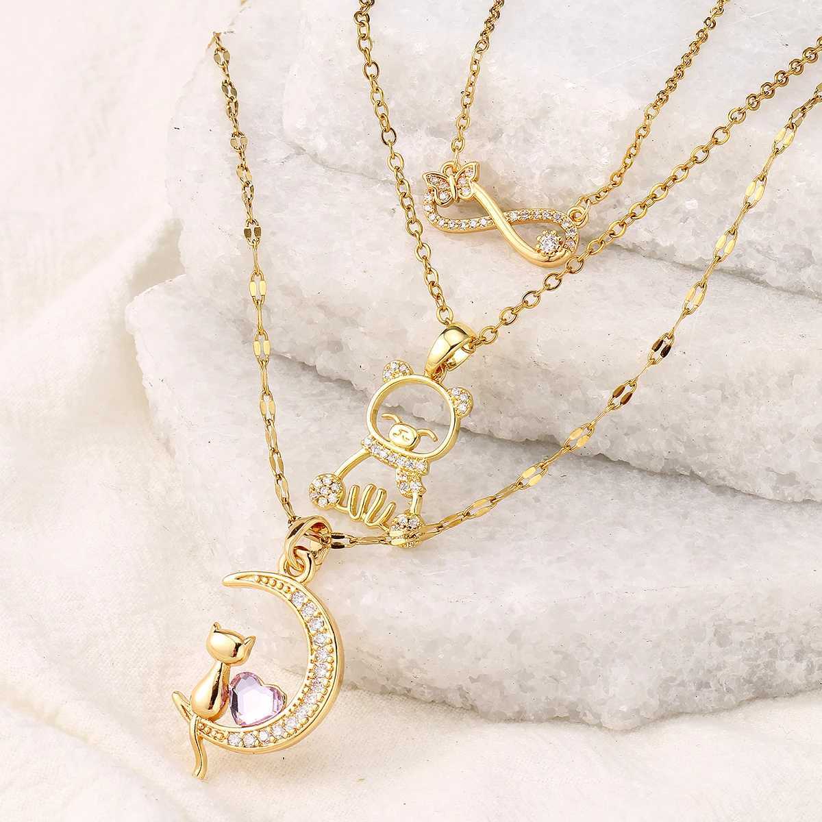 Womens Light Luxury Moon Cat Pendant Necklace Simple Trendy Stainless Steel Anti Allergic Jewelry for Niches H260403