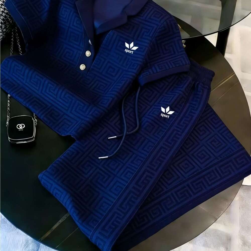 Men's Half Button Short Sleeve Polo Shirt And Long Pants Set Casual Fashion Suit Men's Trendy Outfit For Everyday Outings And Weekend Events - view 4