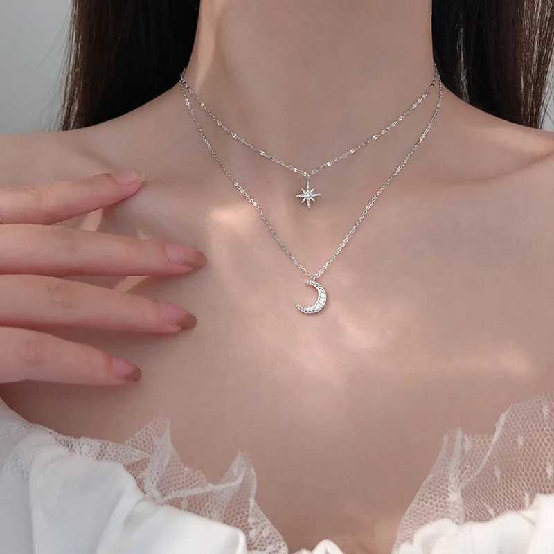 New Fashion Silver Color Double Layer Star Moon Necklace for Women Charm Delicate Zircon Wedding Pendant Choker Chain Jewelry H260403