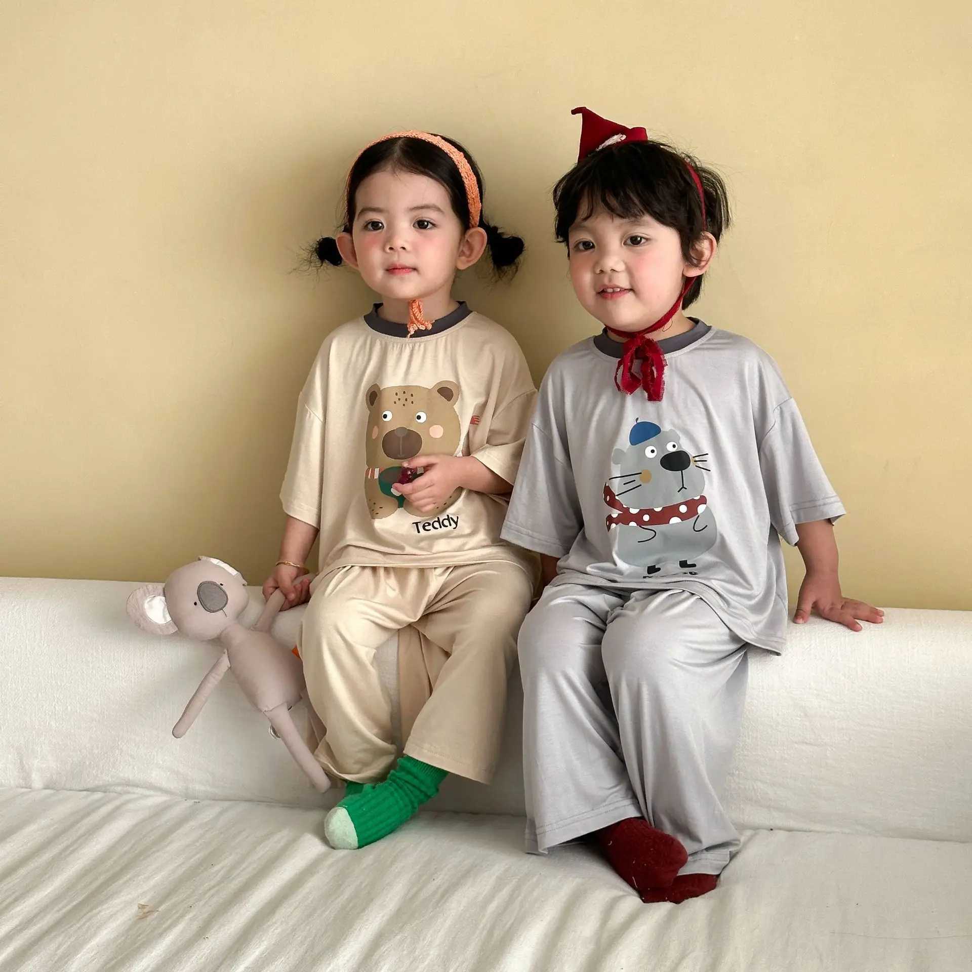 1-8Y Boys Summer Homewear 2pcs Kids T-Shirt and Long Pants Loungewear Girls Animal Print Pajama Set Childrens Sleepwear H260403