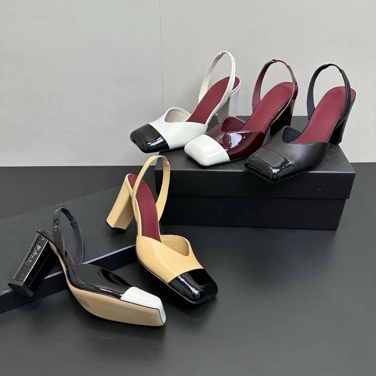 Square Toe Patent Leather Chunky Heel Slingback Luxury designer women slip on leather dress shoes Fashion simple spring sandals Elegant ladies evening shoes 35-41