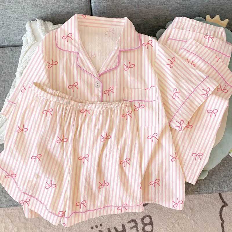 Pink Bow Dtie Prints 3 Pieces Pajamas Set for Women Summer Short Sleeve Top Pants with Shorts Pajamas Set Sweet Cute Home Suit H260403