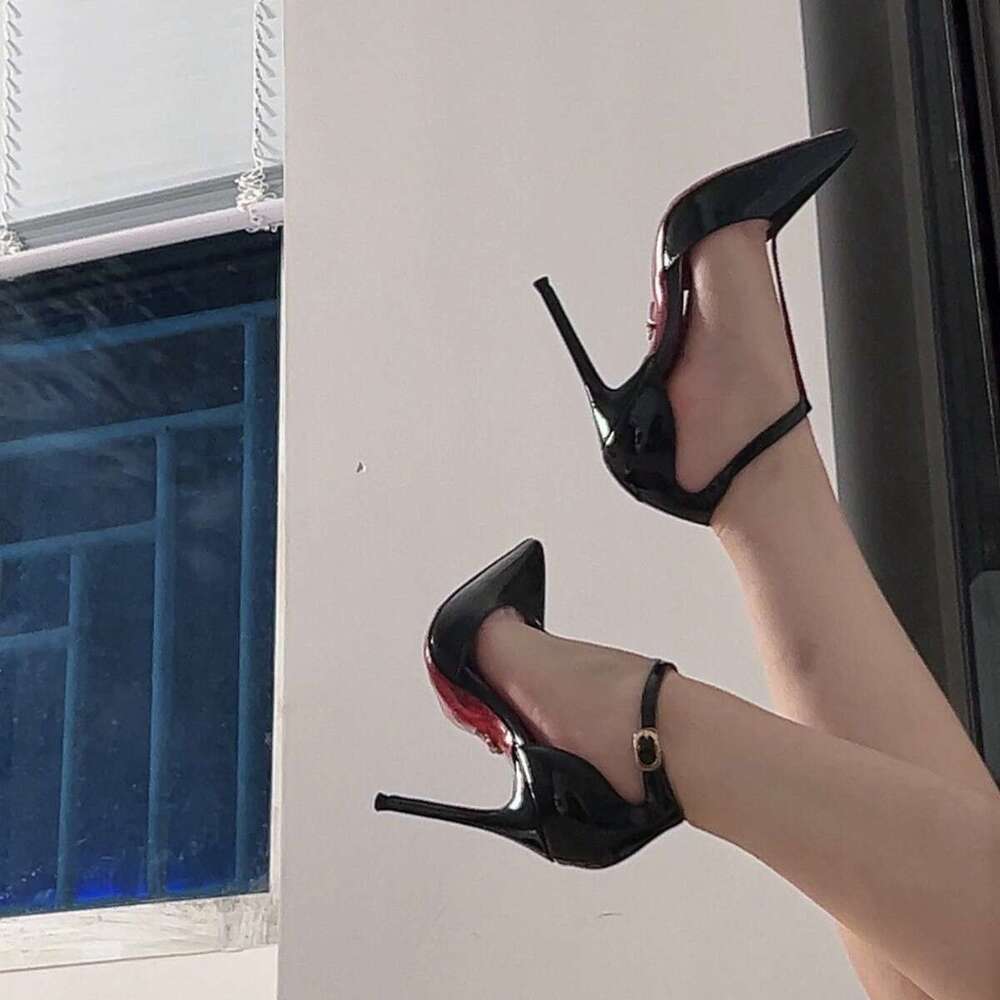 Early Spring New Model Pointed Toe Strap Buckle Red Sole High Heeled Shoes Black Closed Toe Hollow Sexy Stiletto Sandals