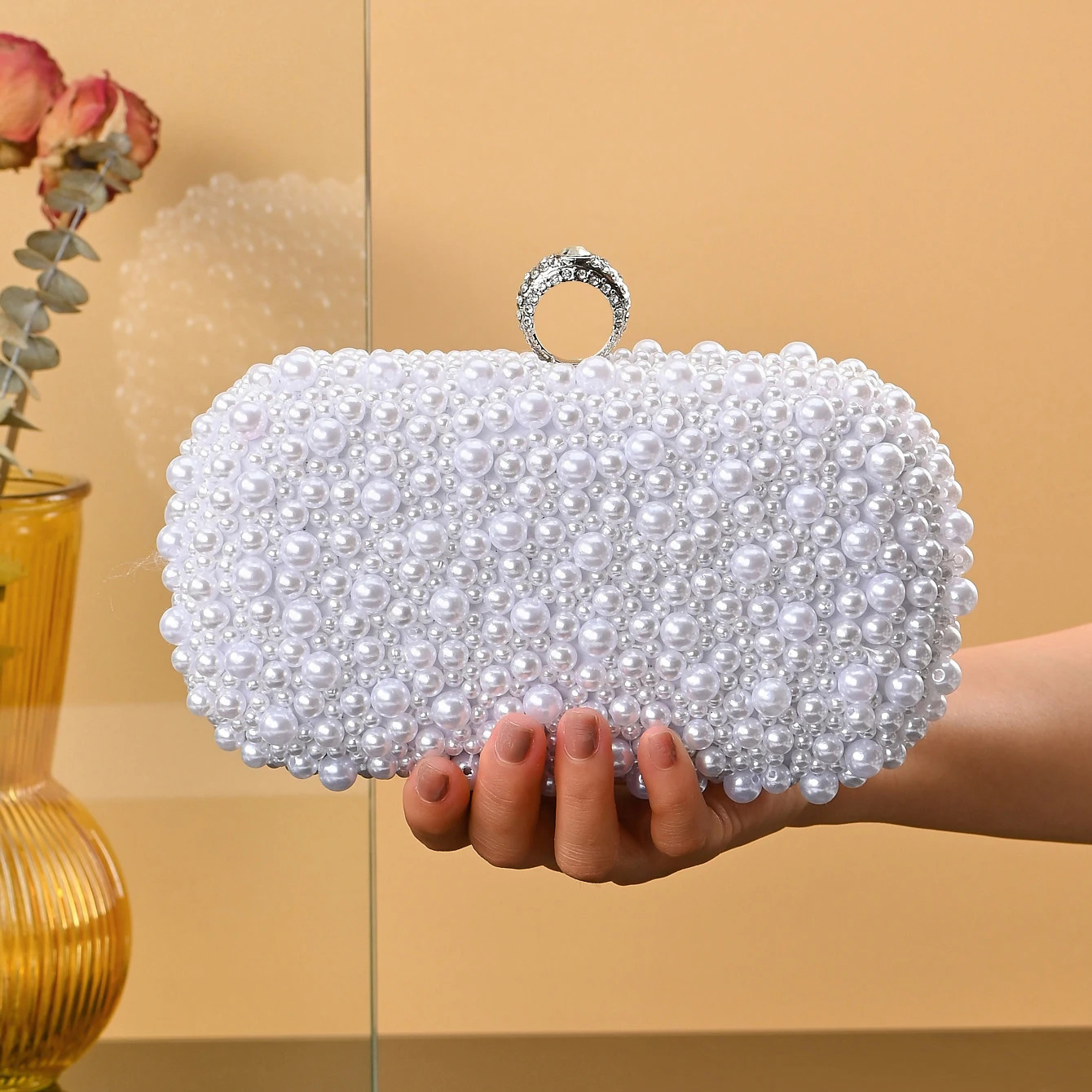 handmade wedding evening bag chain shoulder Full Beaded clutch Ladies Artificial Pearls Handbag for Wedding Party 260317