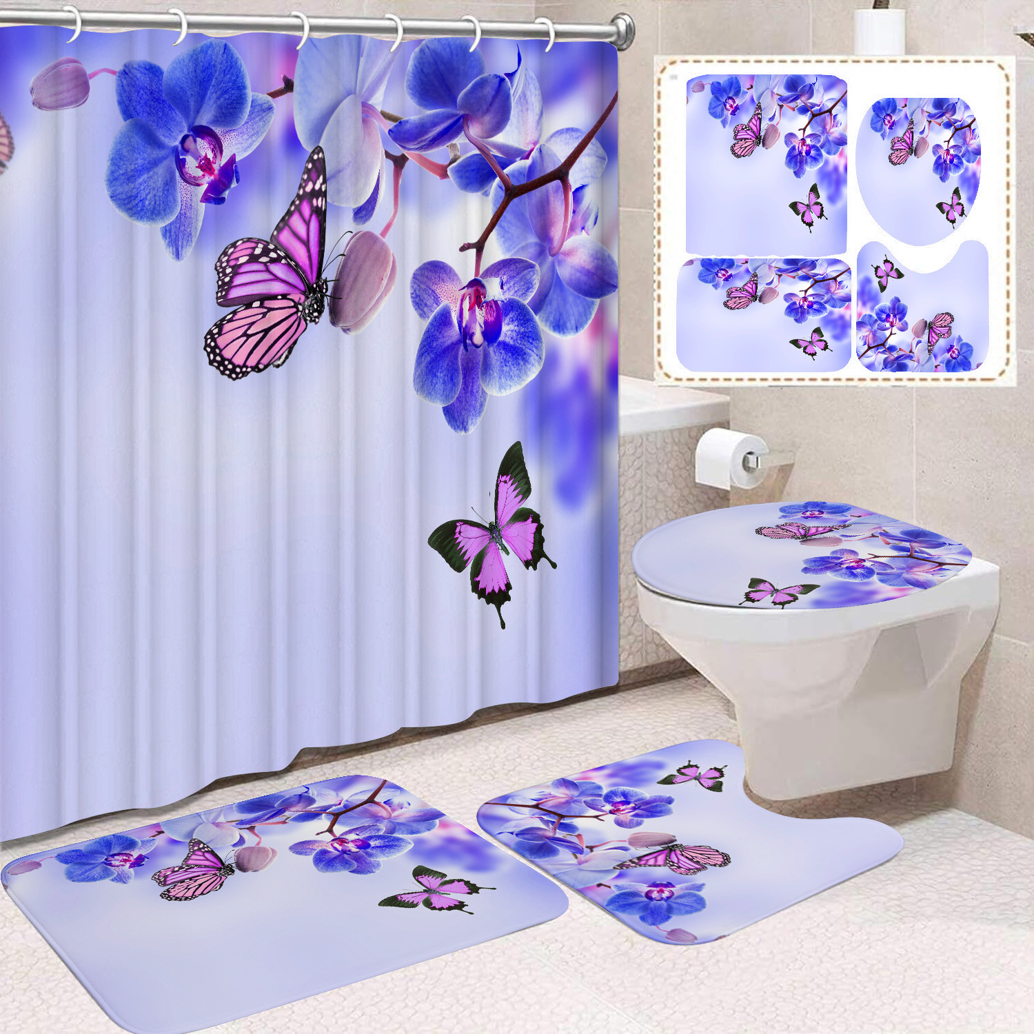 YL-38433 Home Decor Pink Butterfly and Flower Waterproof Shower Curtain Set (Four Pieces) Factory
