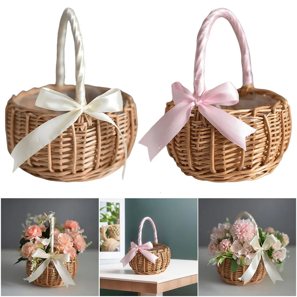 Wicker Rattan Flower Basket with Handle Candy Storage Woven for Wedding Party Decor 260403BJ