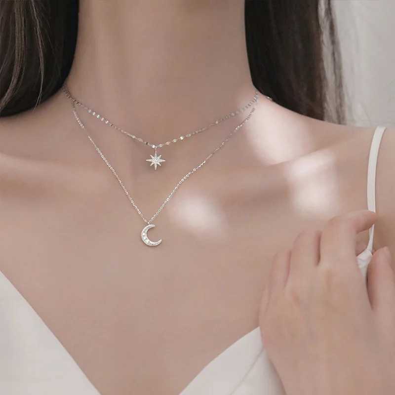 925 Silver Necklace for Women Double Layer Zircon Star Moon Pendant Necklace Delicate Chain Charm Elegant Fashion Jewelry Gifts H260403