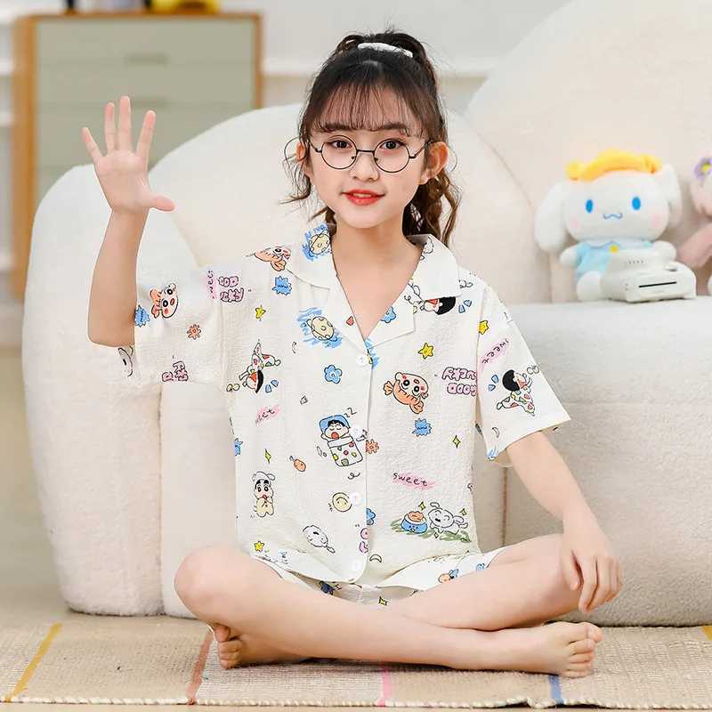Cartoon 2Pcs Crayon Shin-Chan Childrens Pajamas Set Anime Cardigan Thin Short Sleeve Shorts Sleepwear Kawaii Girls Boy Homewear H260403