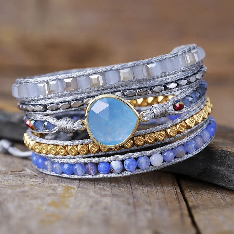 Boho Multistrand Stone Leather Wrap Bracelet Five Wrap Stackable Handmade Bracelets Vintage Statement Jewelry Bijoux 260318BJ - view 5