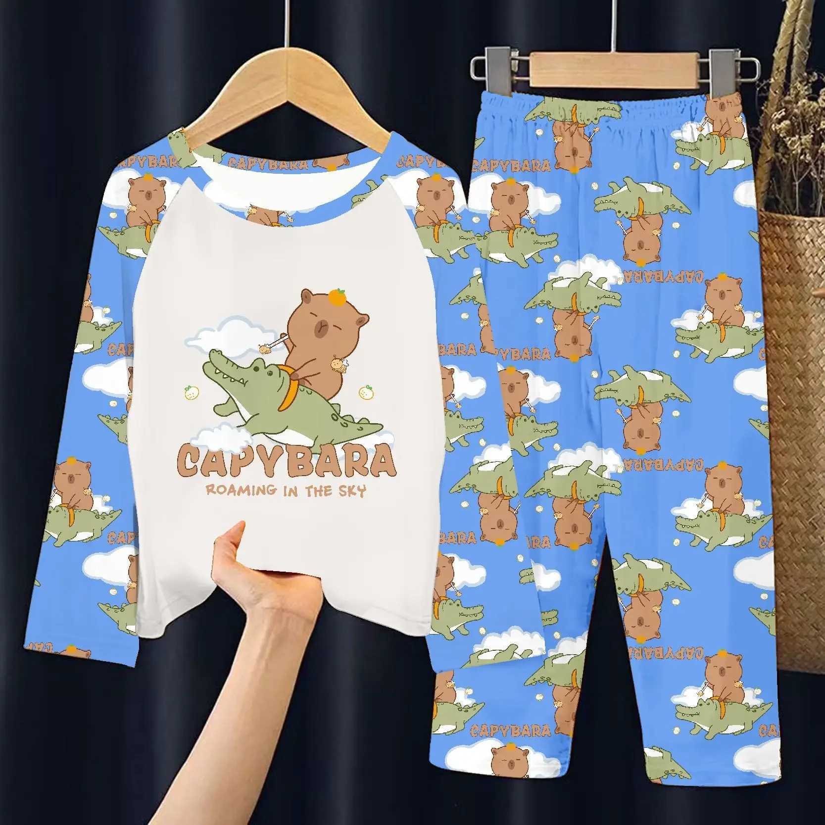 Capibara Pajamas Pants Set Kids Anime Capybara Nightgown Trousers Girls Boys Spring Autumn Home Clothes Children Long Sleeves H260403