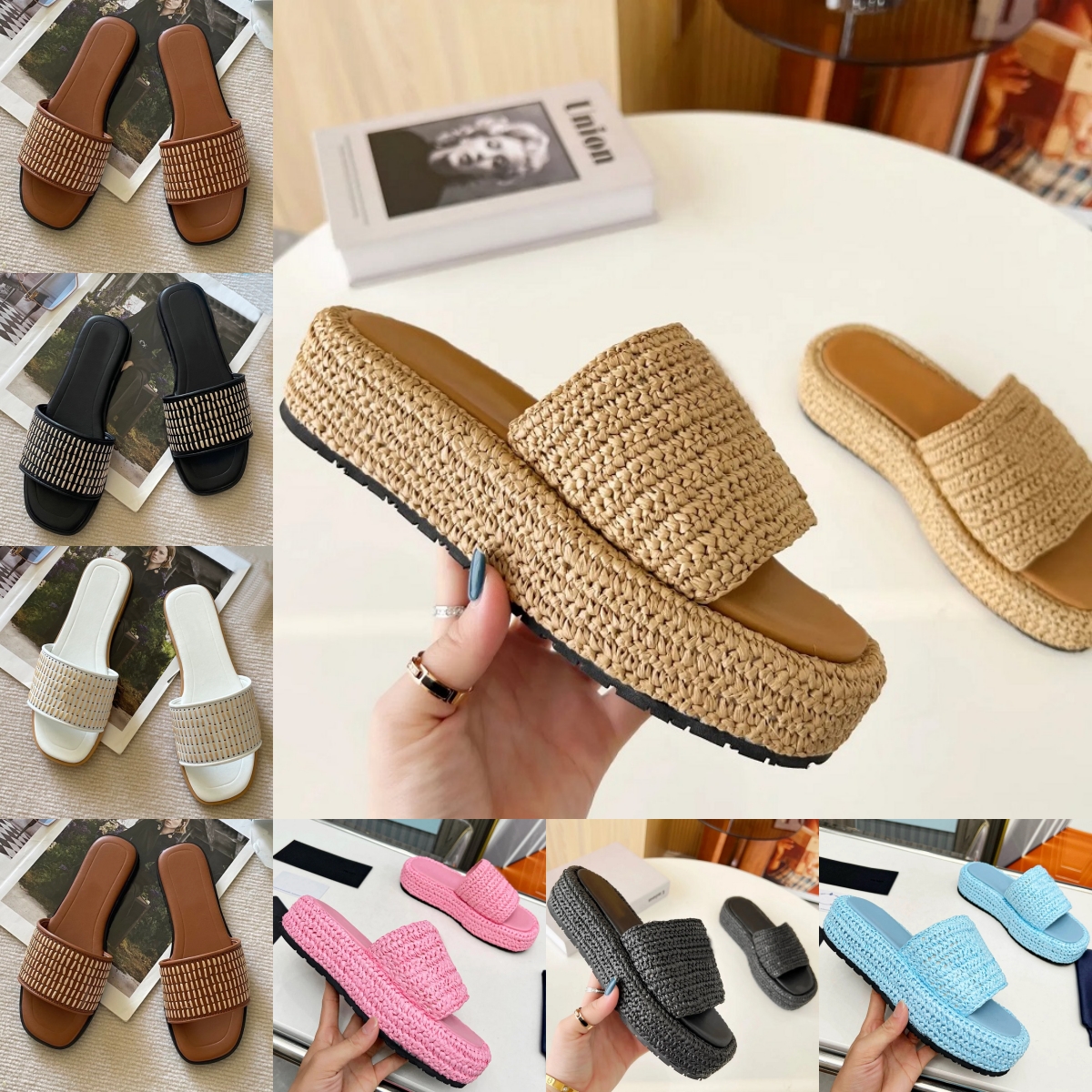 Designer Slippers Women Luxury Fashion Sandals Slip On Black White Brown Pink Casual Flat Slides Lady Summer Moccasins Beach Wedges Straw Platform Flip Flops Scuffs