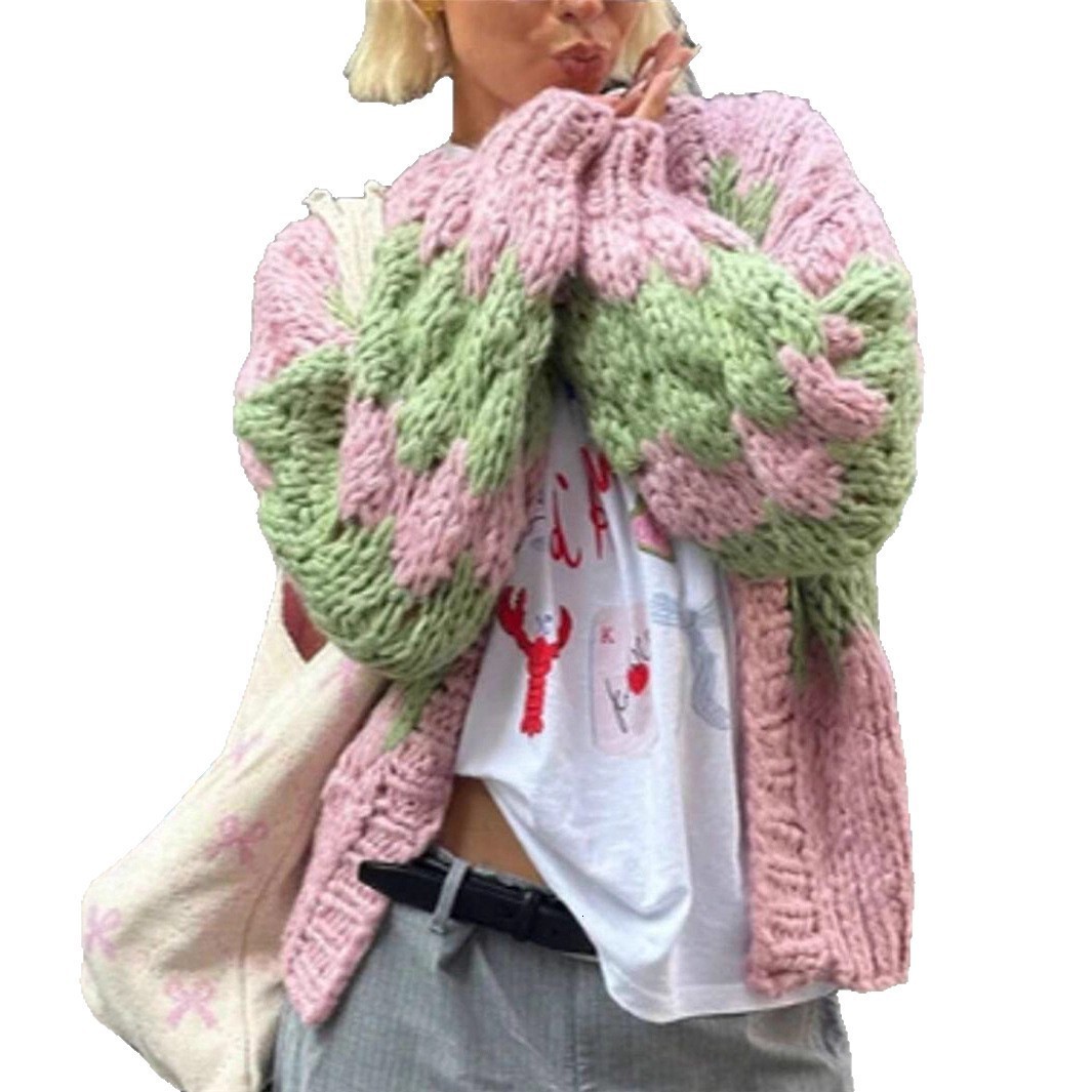 Imcute Women Oversized Cardigan Sweaters Color Block Long Sleeve Chunky Knit Sweaters Coat Y2K Open Front Colorful Cardigans 250903