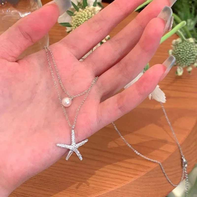 Fashion Silver Color Starfish Imitation Pearl Pendant Necklace for Women Simple Double Layered Clavicle Chain Necklace Jewelry H260403