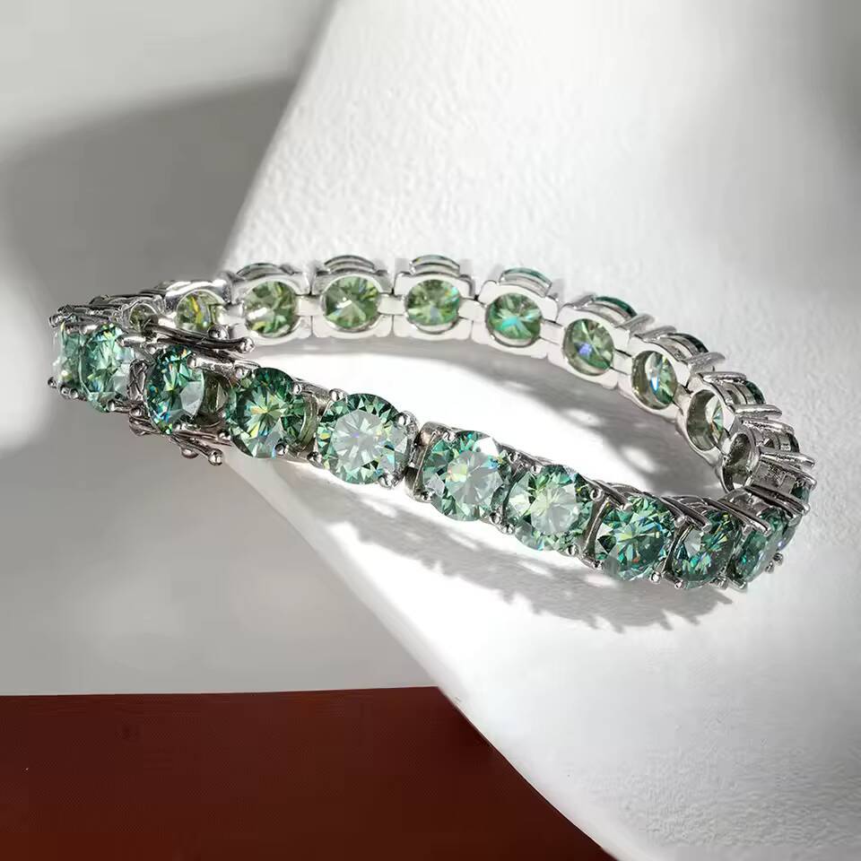 3/4/5/65mm Summer Green Moissanite Tennis Bracelet 925 Sterling Silver Rhodium Plated Round Brilliant Cut Hip Hop Style