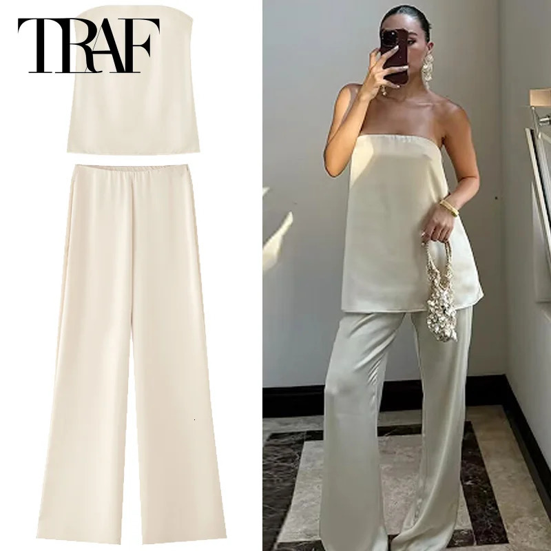 HXAO Off White Satin Pant Sets Womens Suit Off Shoulder Strapless Top Vest Set 2 Piece Woman Chic High Waist Trousers Sets 260403