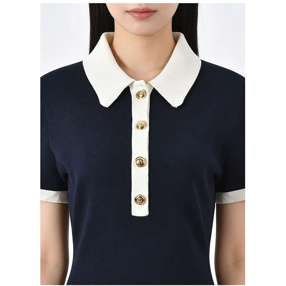 Spring new women's k30 designer French commuting color blocked collared short sleeved pullover sweater slim fit women's knitted short skirt
