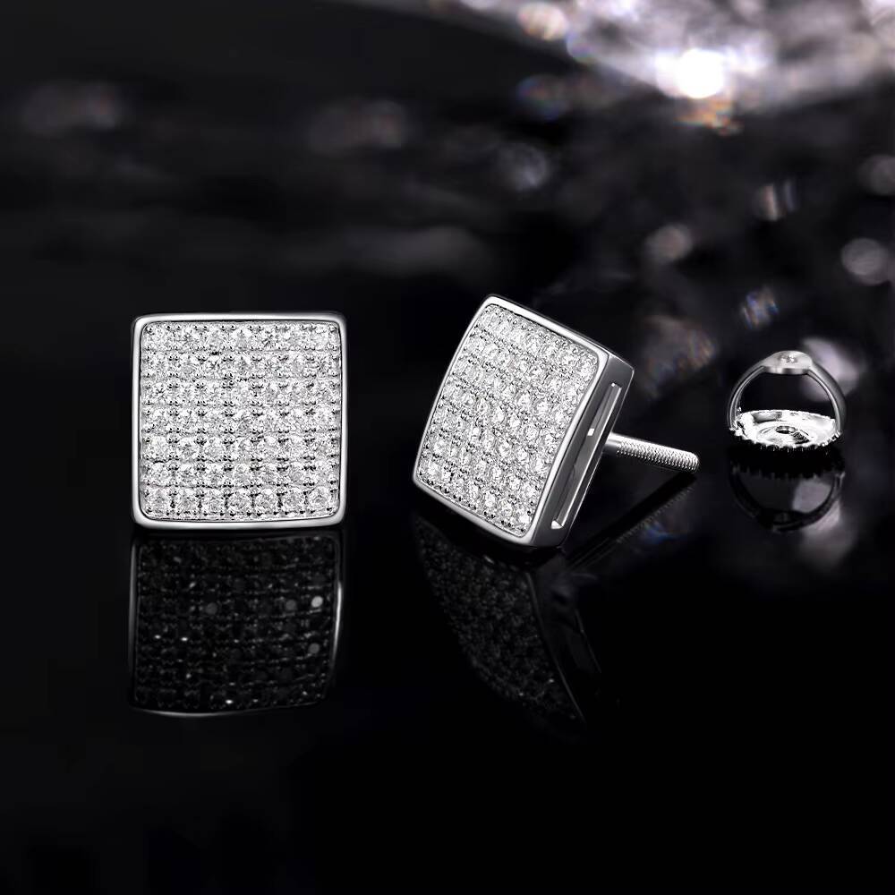 New Square Domed Twist Stud Earrings S925 Silver Full Moissanite Urban Hip Hop Style Drop Shipping Available
