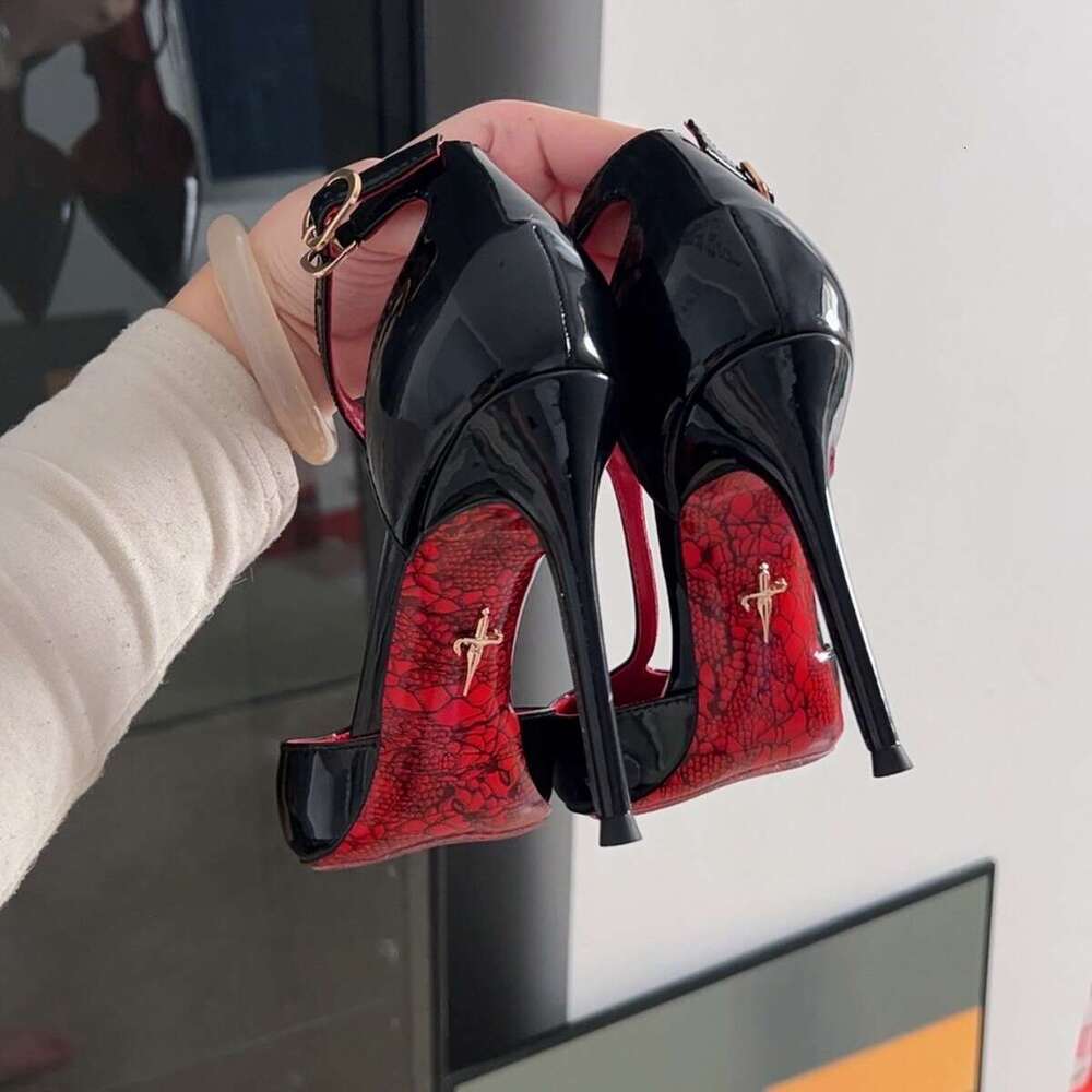 Early Spring New Model Pointed Toe Strap Buckle Red Sole High Heeled Shoes Black Closed Toe Hollow Sexy Stiletto Sandals