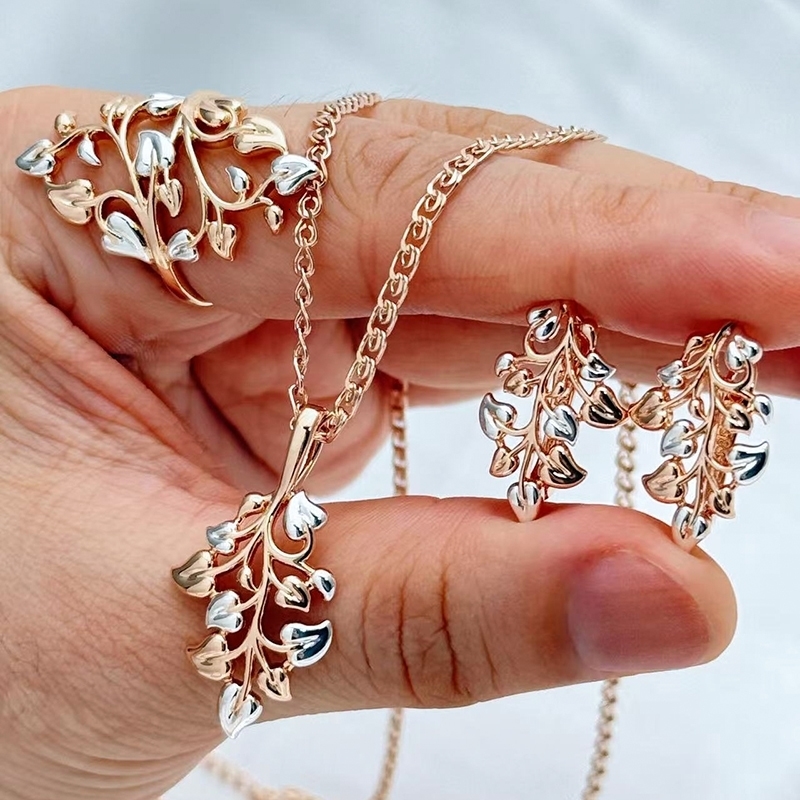 Kinel Unique Ethnic Bridal Leaf Ring Earrings Necklace for Women Fashion 585 Rose Gold Silver Color Mix Daily Fine Jewelry Sets 260318BJ