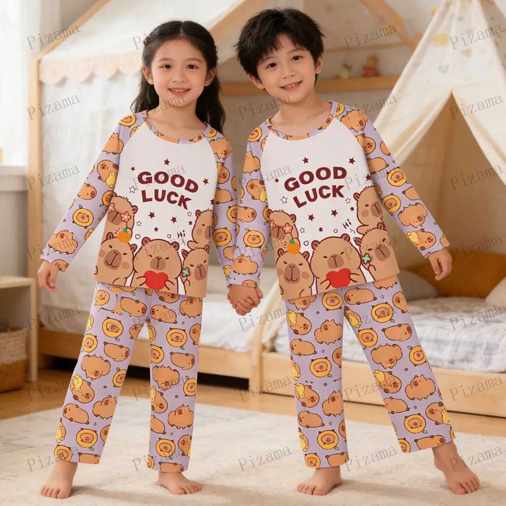 Capibara Kids Pajama Sets Long Sleeve Loungewear with Cute Animal Print Soft Sleepwear for Boys Girls Cartoon Sleepwear Outfit H260403