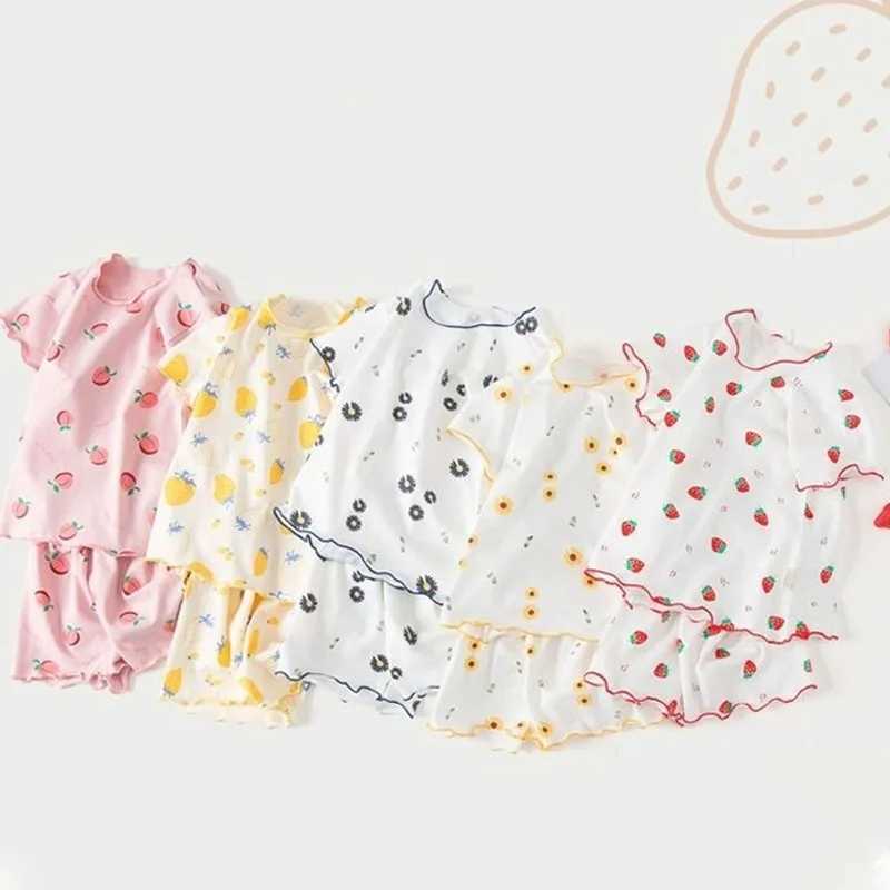 Girls Summer Pajama Set Strawberry Print Shorts Pink Peaches Tee Baby Cool Comfort Homewears Soft Breathable Sleepsuits for Play H260403
