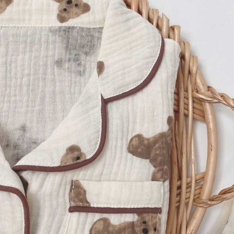 2Pcs Autumn New Kids Pajamas Korean Long Sleeve Print Bear Cardigan And Pants Cotton Musline Yarn Sleepwear H260403