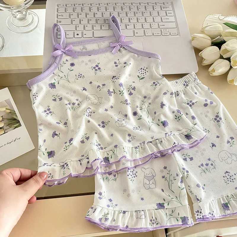 New Summer Kids Homewear Set 1-7T Sweet Floral Girls Camisole Shorts Cartoon Bear Children Household Clothes H260403