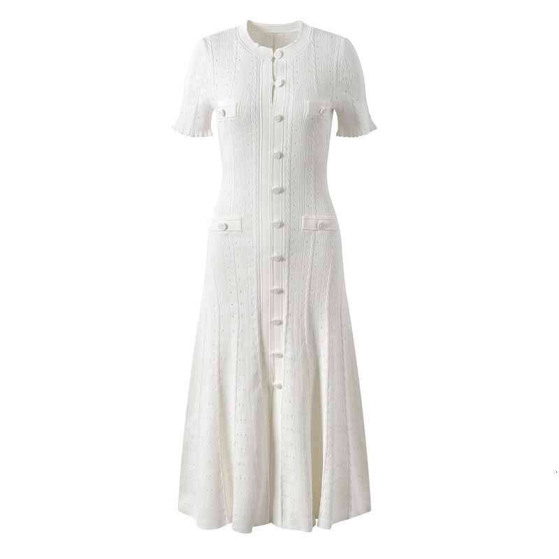 S brand's new short-sleeved knitted dress with round neck, single-breasted buttons, k30 hollow-out design, waist-cinching and slimming effect