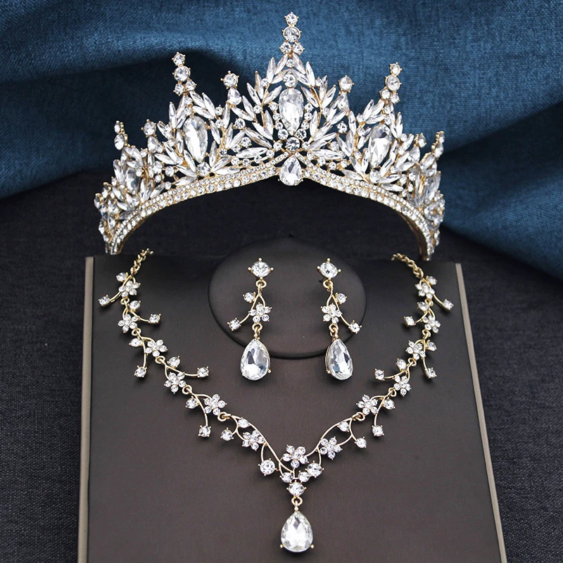 Baroque Wedding Crown for Bride 3-pack Tiara Earrings Necklace Bridal Jewelry Set Champagne Crystal Costume Party Birthday Gift 260318BJ - view 5