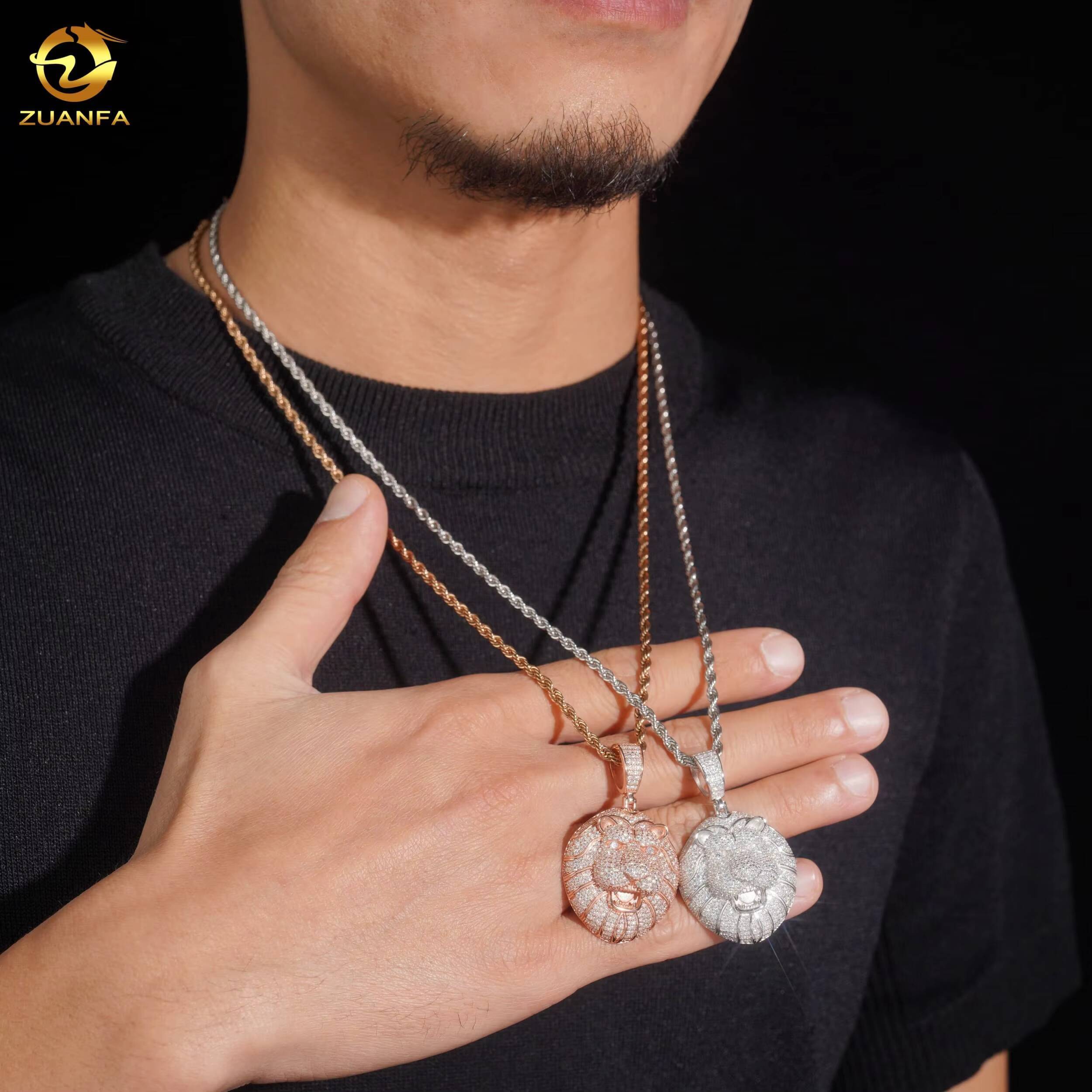 New Arrivals Hip Hop 3D Lion Head Pendant Iced Out VVS Moissanite S925 Sterling Silver Rose Gold Rapper Charm Icy Bling Necklace For Men With GRA Cert