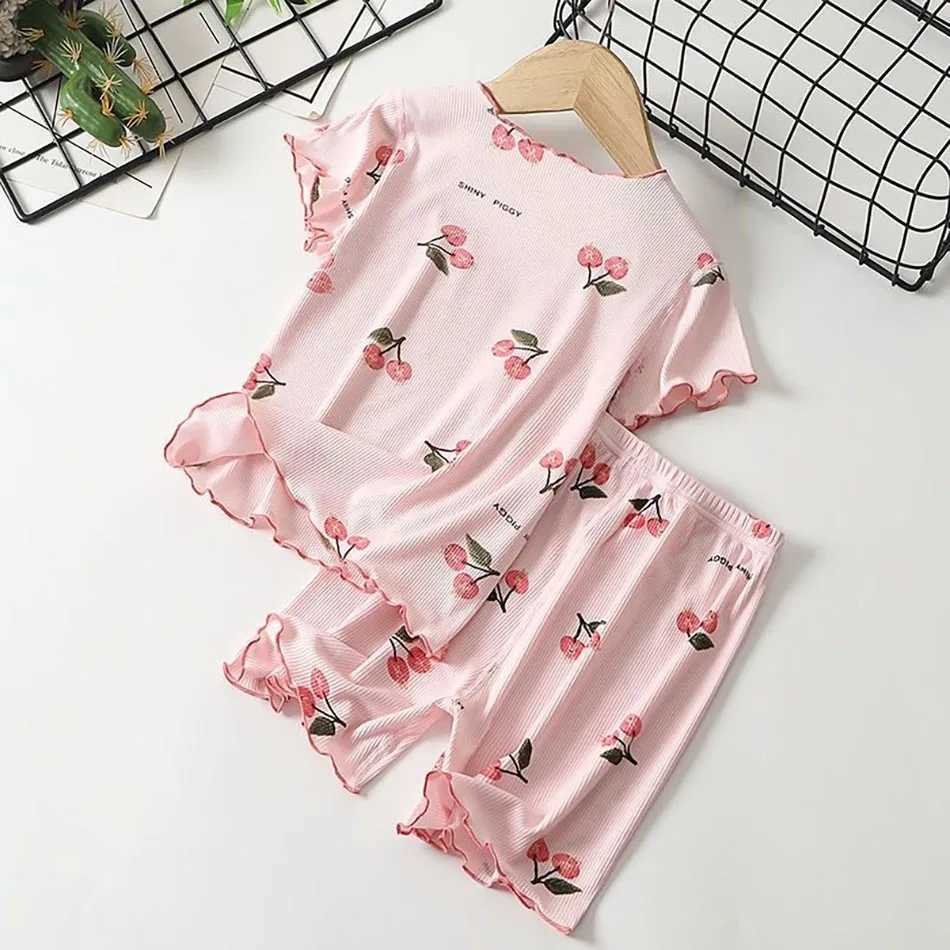 2 Sets/Pack Children Summer Sleepwear Set Cute and Comfortable Casual Ice Silk Short Sleeve and Short Pants for Girl Pajama Sets H260403