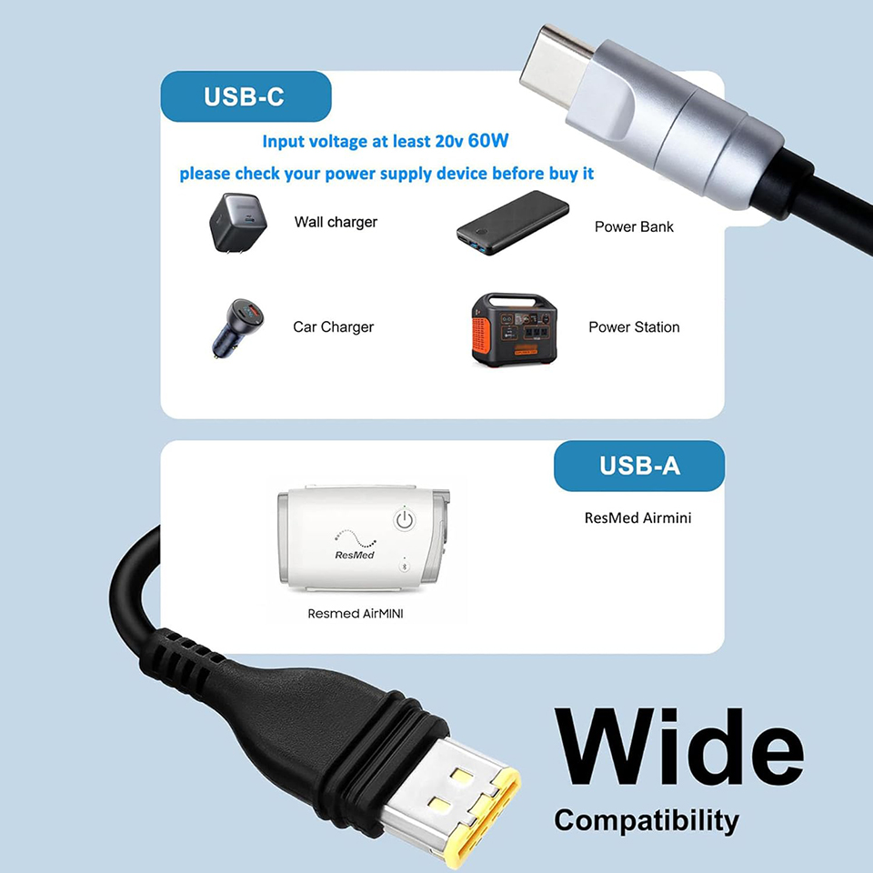 ResMed AirMini USB-C PD Power Cable, 20V to 24V Boost Converter Cord, 30W+ PD Power Bank & Car Charger Compatible, Travel Camping CPAP Accessory