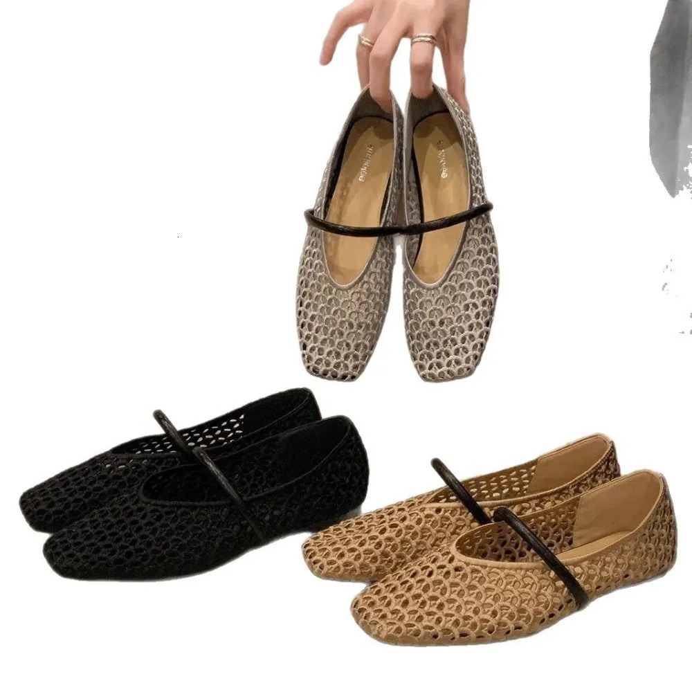 Square Head Hollow Woven Casual Comfortable Womens Flat Shoes Cut-out Mary Jane Single-layer Shoes Fishnet Shoes 260402