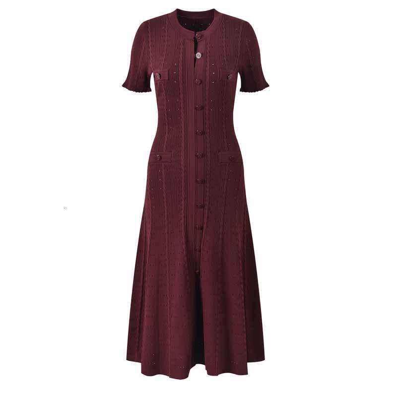 S brand's new short-sleeved knitted dress with round neck, single-breasted buttons, k30 hollow-out design, waist-cinching and slimming effect