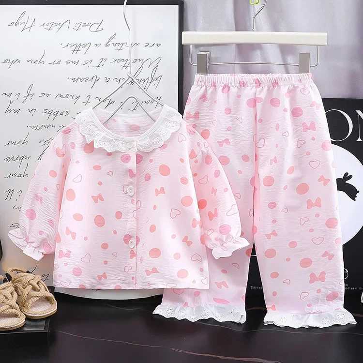 Girls Kids Home Clothes Set New Loose Thin Baby Pajamas Fashion Lace Floral Princess Children Air Conditioner Long SleevePants H260403