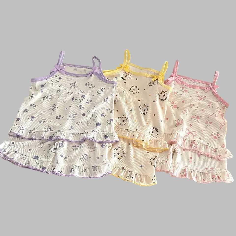 1-7Y Kids Girls Cute Cartoon Pajamas Summer Girls Printed CamisoleShorts Homewear Sets Pattern Soft Sleeveless Children Clothes H260403