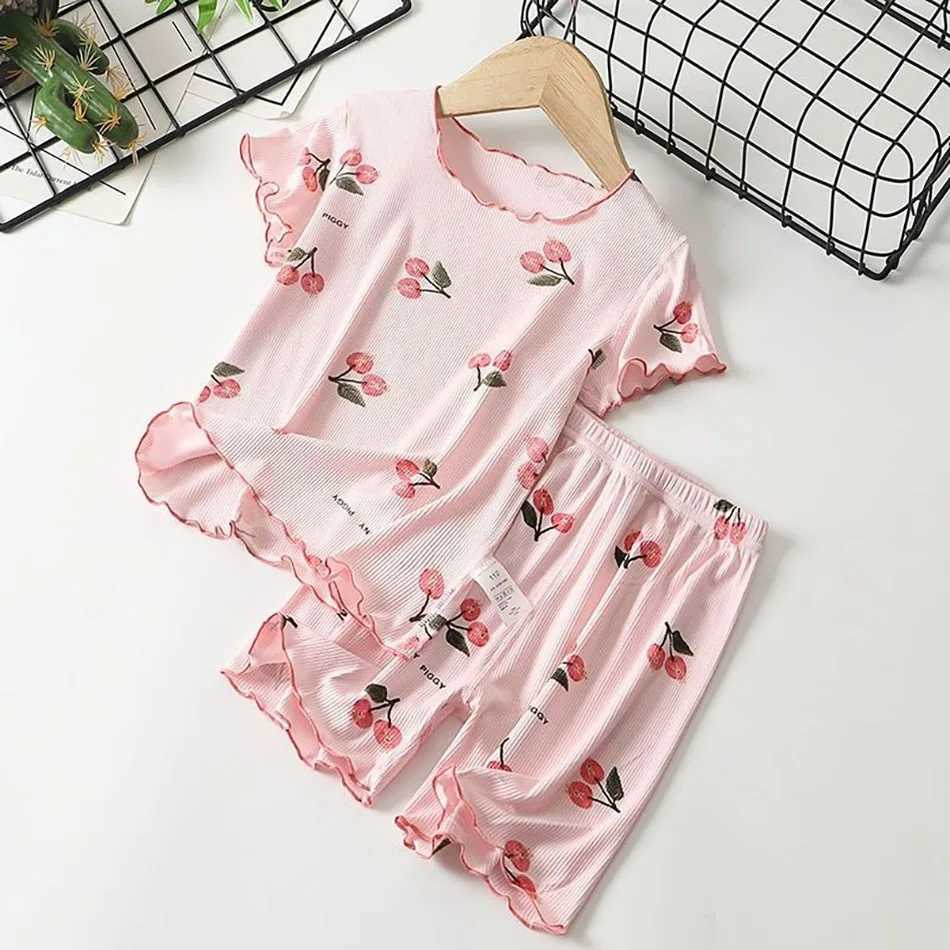 Girls Summer Pajama Set Cherry Blossom Print 4-Way Stretch Shorts Tee Breathable Modal Blend for Bedtime and Playtime for 1-8Y H260403