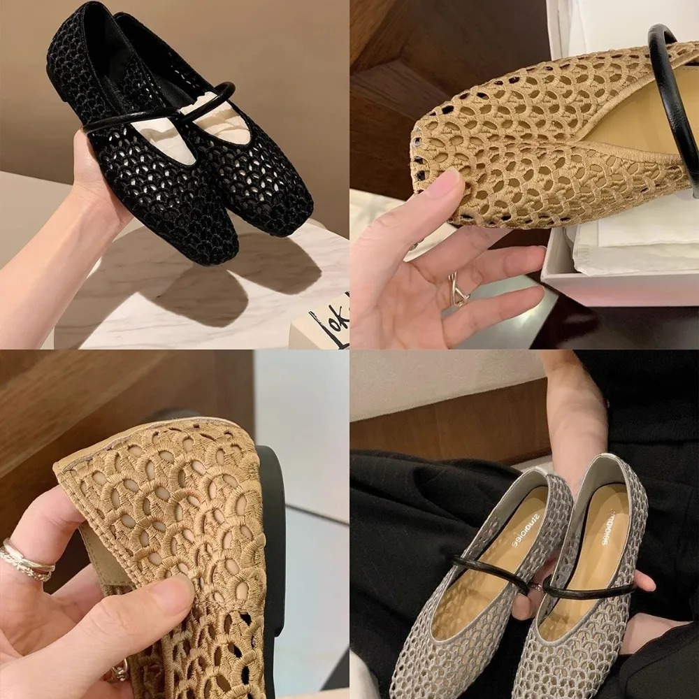 Square Head Hollow Woven Casual Comfortable Womens Flat Shoes Cut-out Mary Jane Single-layer Shoes Fishnet Shoes 260402