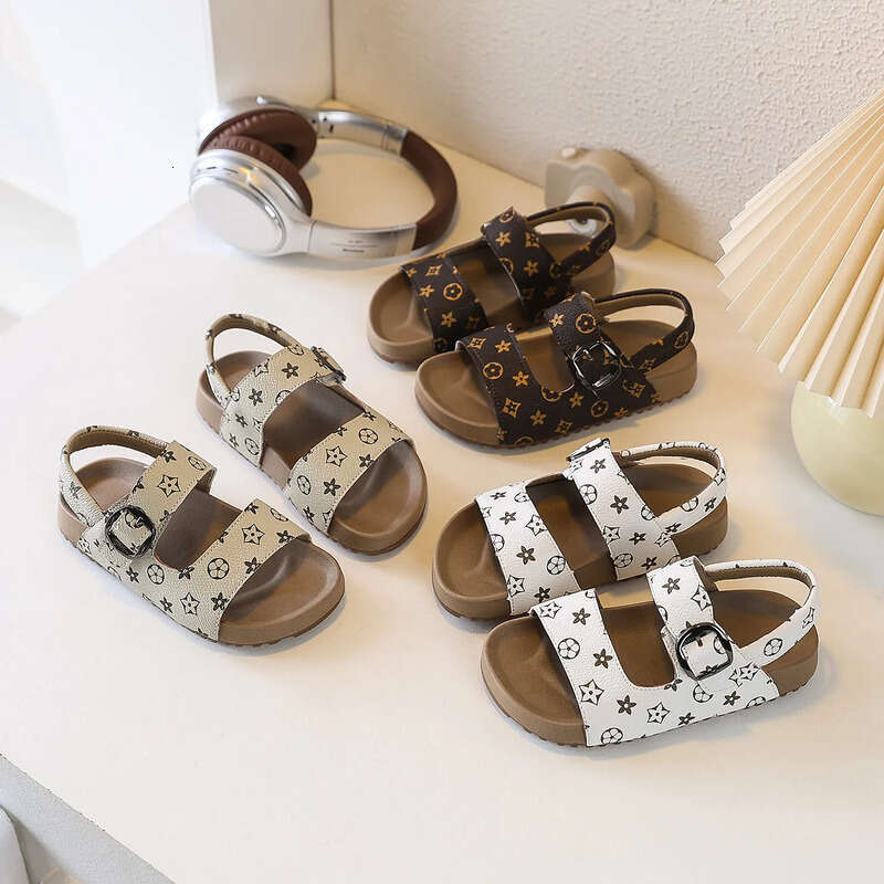 Free Shipping 2026 Summer New Print Design Kids Open Toe Fashion Casual Beach Soft Sole Buckle Sandals for Boys and Girls Large Size 26-36