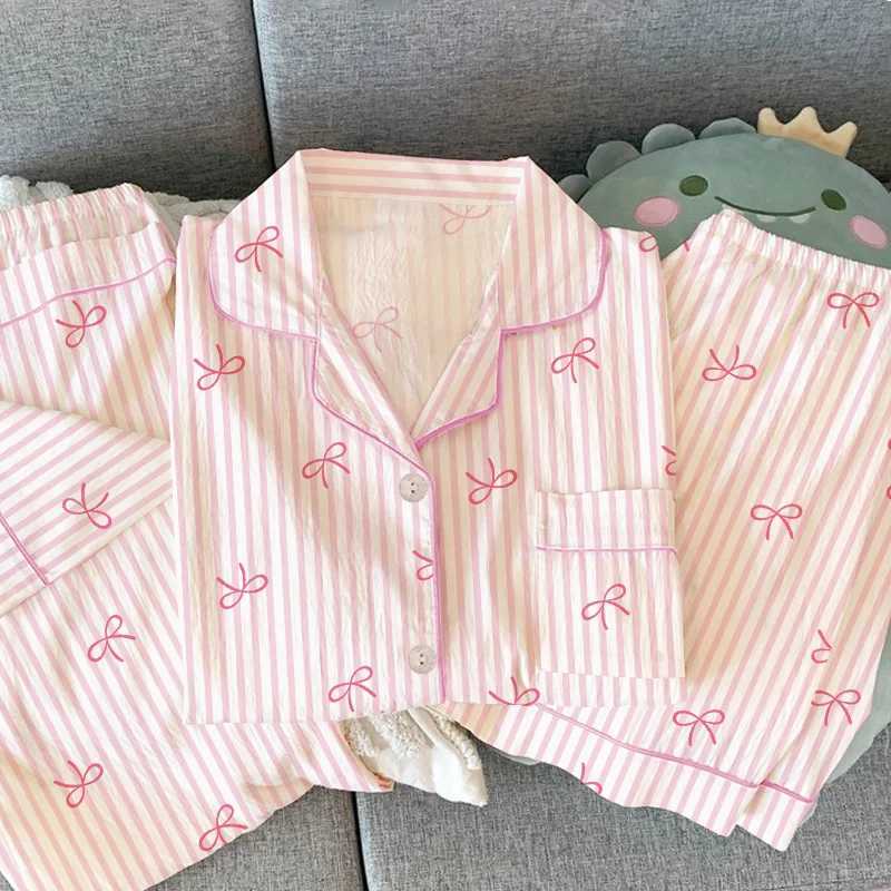 Pink Bow Dtie Prints 3 Pieces Pajamas Set for Women Summer Short Sleeve Top Pants with Shorts Pajamas Set Sweet Cute Home Suit H260403